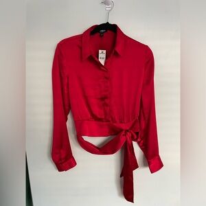 NWT - Express - Satin Red Long Sleeve Tie Front Crop Shirt